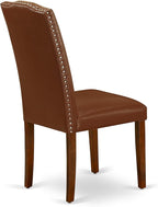 East West Furniture ESEN3-MAH-66 3 Piece Kitchen Table Set Contains a Round Dining Table and 2 Brown Faux Faux Leather Upholstered Chairs, 30x30 Inch, Mahogany