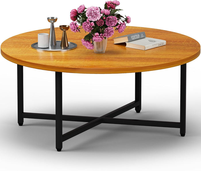 FAMIDGE Coffee Table, 31.5" Large Round Coffee Table for Living Room, Center Tables for Family & Office Use, Outdoor Coffee Table Round, Oak Brown(31.5" D x 17.7" H)