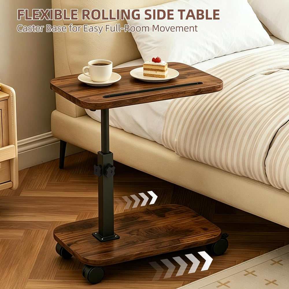 Adjustable TV Tray Side Table 360°Swivel Rolling, Rustic Brown | Adjustable H...
