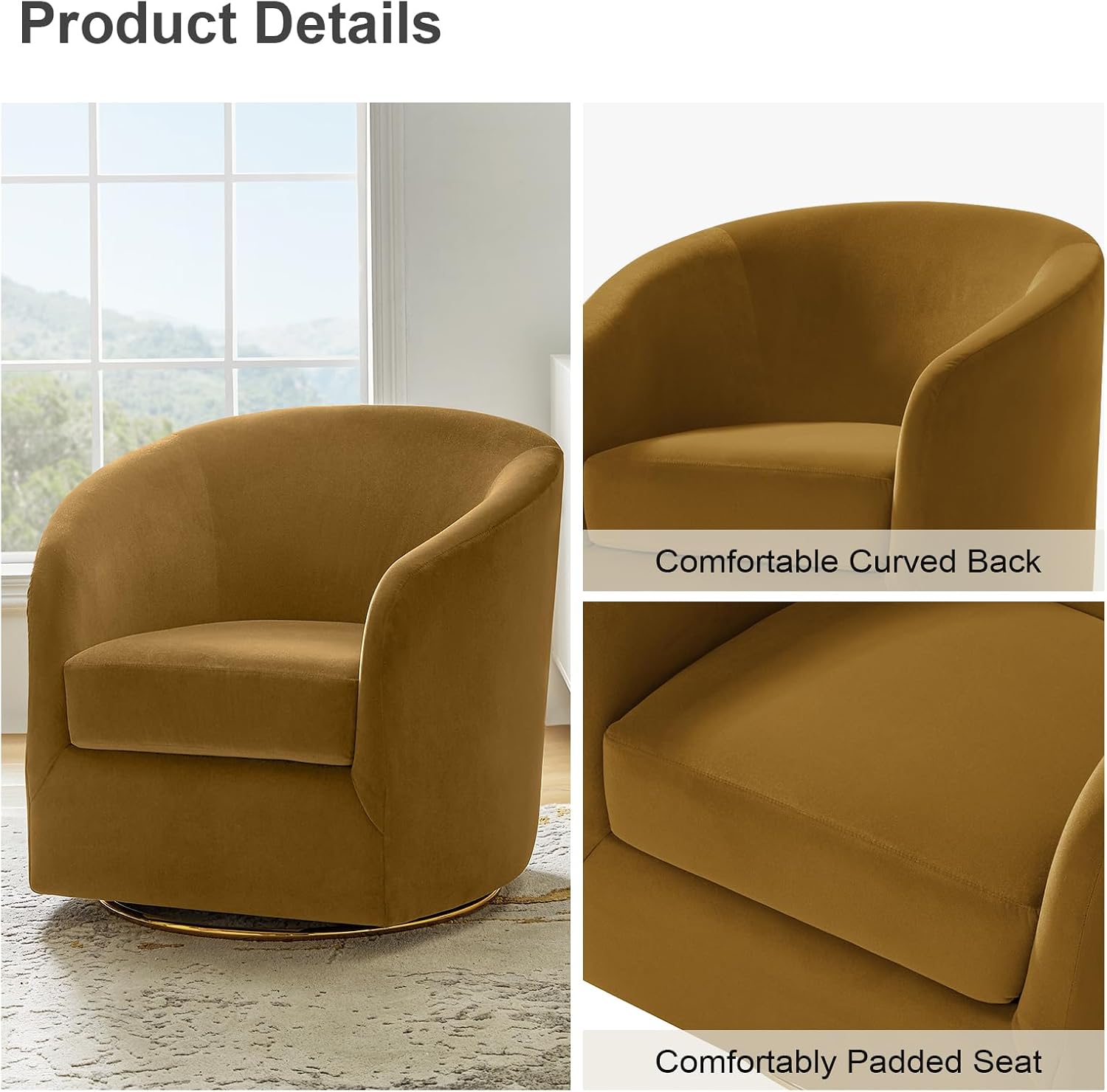 HULALA HOME Swivel Accent Chair with Gold Metal Base, Contemporary Velvet Curved Swivel Barrel Chair, Upholstered Club Armchair, Leisure Single Sofa for Living Room, Nursery, Bedroom(Golden)