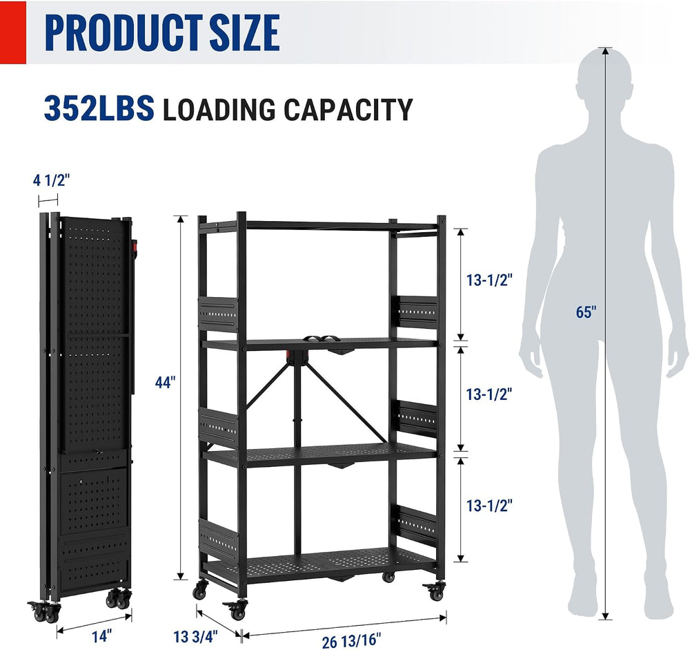 WORKPRO 4-Tier Folding Shelf, No-Assembly Metal Storage Rack with Wheels, 600...