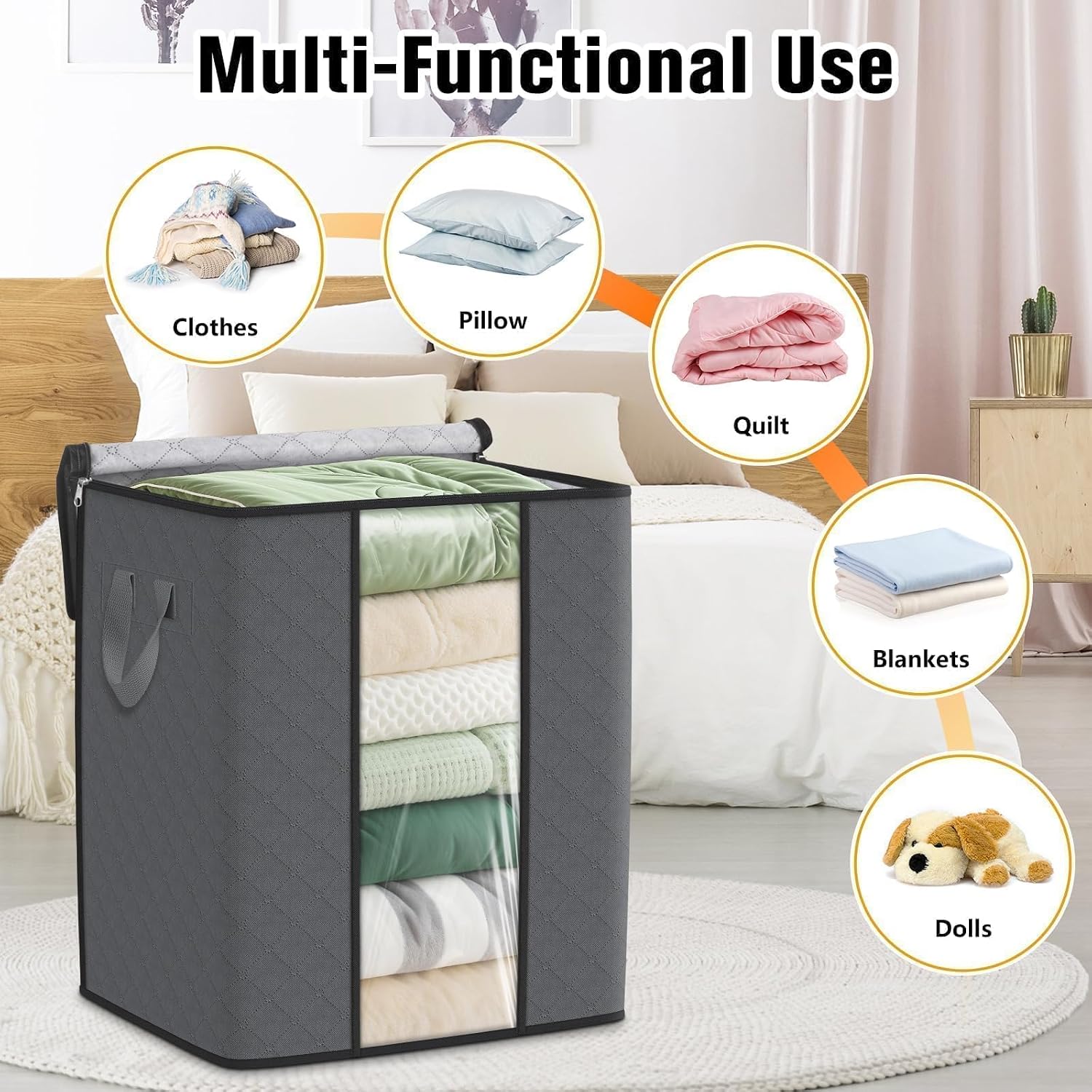6 Pack Clothes Storage Bags 80L Blanket Storage Containers with Window Grey | Large Comforter Organizer for Closet, Bedding, Quilts, Sheets and Pillows, Foldable Storage Bags for Home Organization