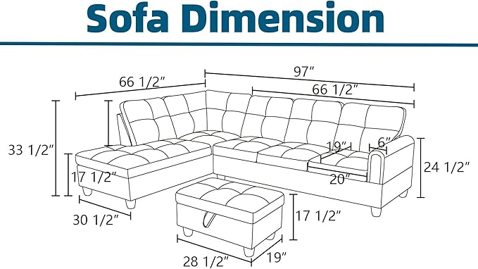 Sectional Couches for Living Room with Movable Chaise & Storage Ottoman - 97.5" Leather L Shaped Couches for Living Room Apartment, 4 Seat Home Furniture Modular Sectional Sofas, Orange