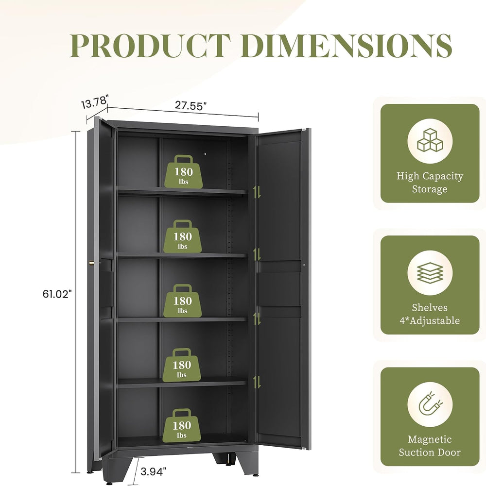RAVIGIN Metal Storage Cabinet,61" H Pantry Cabinet with 2 Doors and 4 Ad...