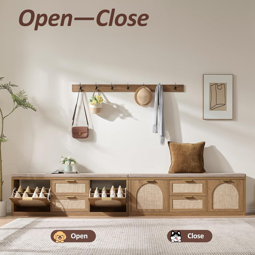 Rattan Narrow Entryway Bench with Shoe Storage, 4 Drawers & Coat Rack, Mi...