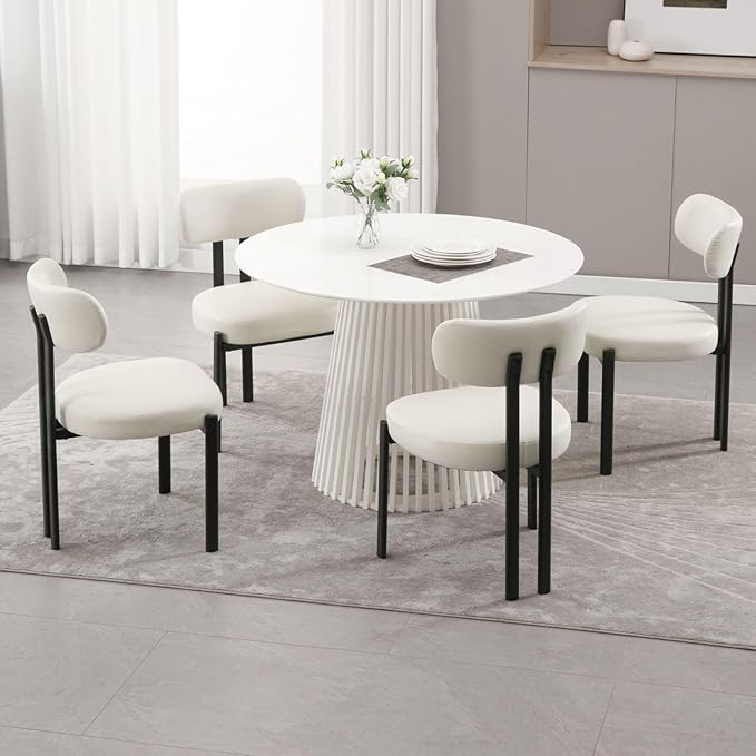 LukeAlon Faux Leather Dining Chairs Set of 2, Modern Curved Back Armless Kitchen Chairs with Black Metal Legs Upholstered Reception Guest Chairs for Home Office Restaurant Dining Room, White