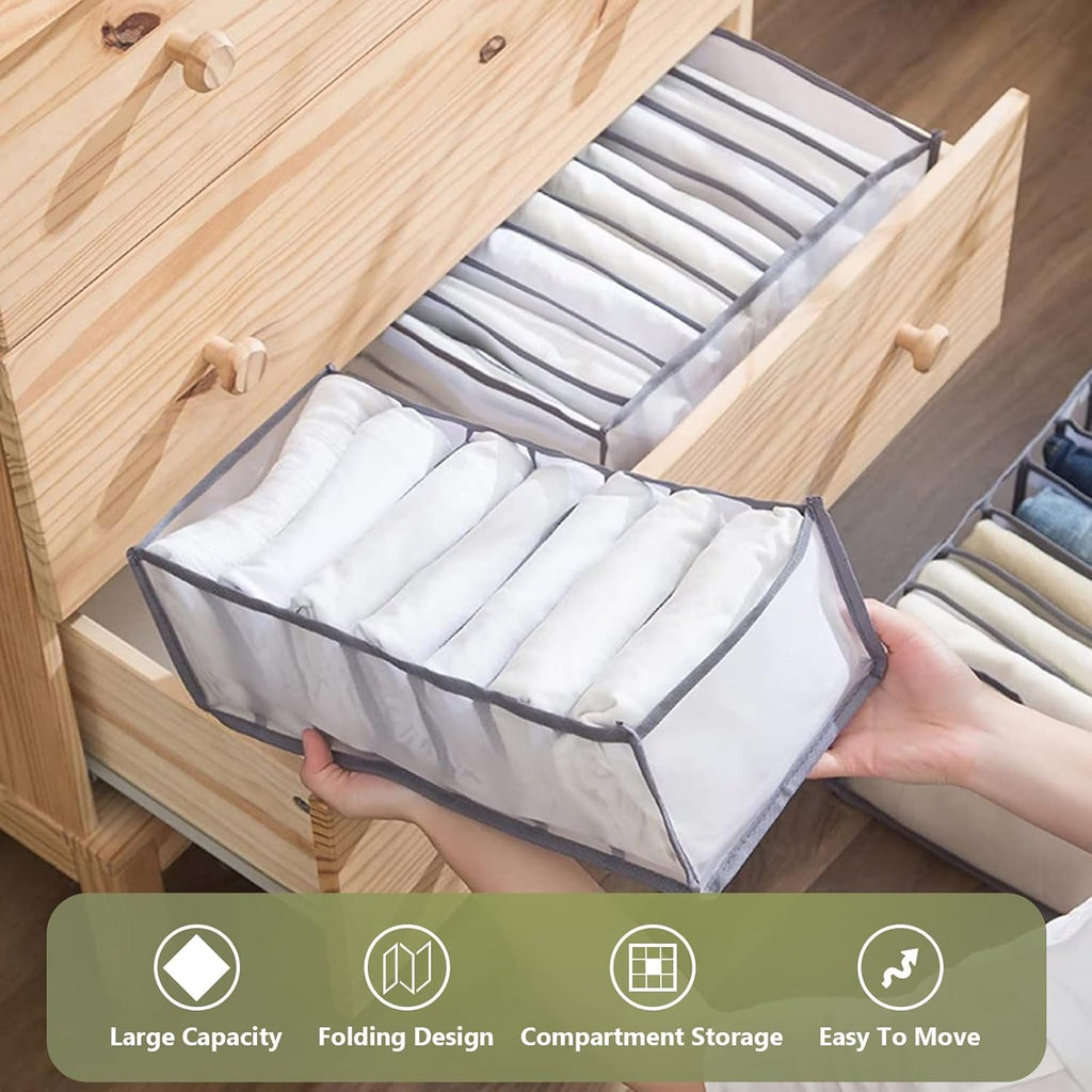 TOOVREN Wardrobe Clothes Organizer, 7 Grids, Drawer Organizers for Clothing, Foldable Closet and Storage Basket, Clothes Compartment Box, Bedroom Dorm Room, 4PCS, Gray
