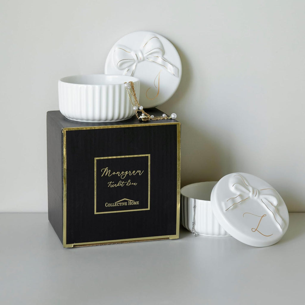 COLLECTIVE HOME Ceramic Jewelry Box with Bow, Nightstand Vanity Decor(M) | Jewelry Tray with Lid, Christmas Mother's Day Birthday Gifts for Women, Wedding, Bridal Shower, Bridesmaid Proposal Gifts