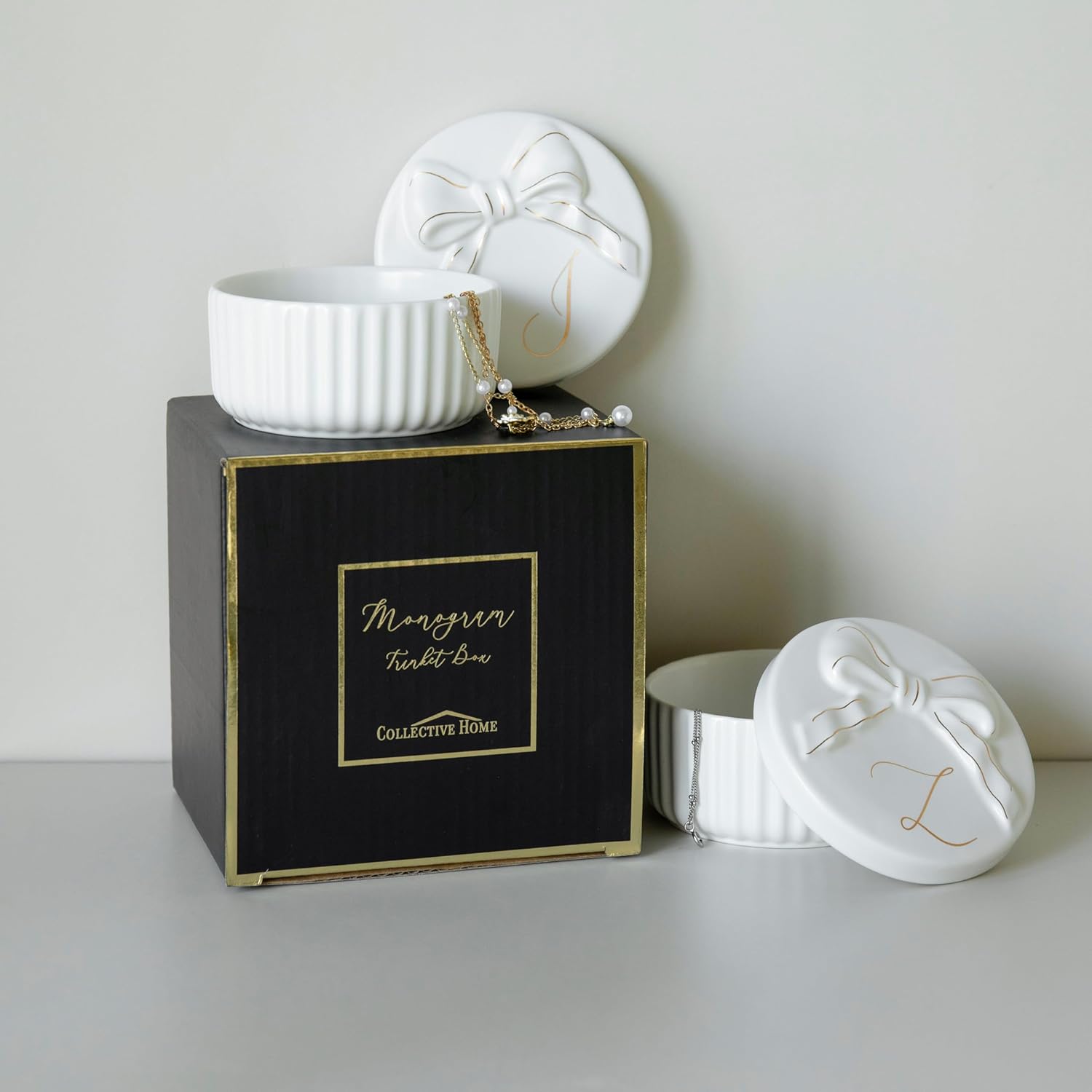 COLLECTIVE HOME Ceramic Jewelry Box with Bow, Nightstand Vanity Decor(M) | Jewelry Tray with Lid, Christmas Mother's Day Birthday Gifts for Women, Wedding, Bridal Shower, Bridesmaid Proposal Gifts