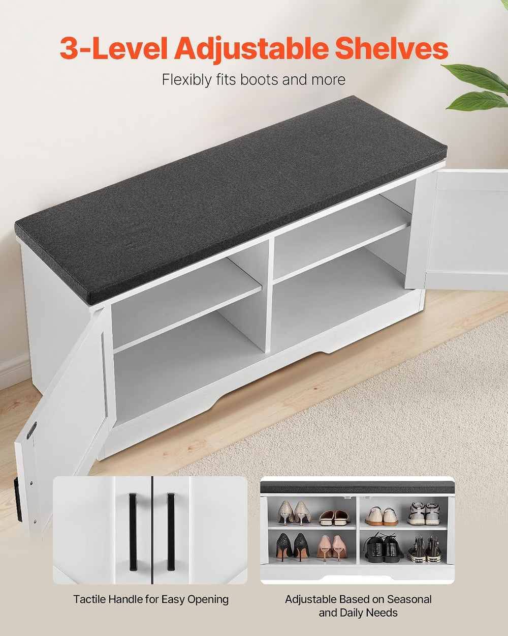VEVOR Shoe Storage Bench with Padded Cushion & 2 Barn Doors, Entryway Ben...