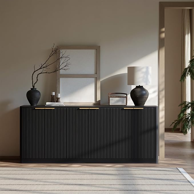 Evermagin 67" Black Fluted TV Stand for TVs up tp 75", Mid-Century Modern Entertainment Center with Storage Cabinets and Fluted Doors, Wood Media TV Consoles for Living Room and Bedroom Furniture