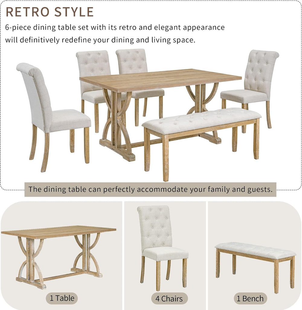 Merax 6-Piece Solid Wood Dining Table Set for 6, Solid Wood Rectangular Kitch...