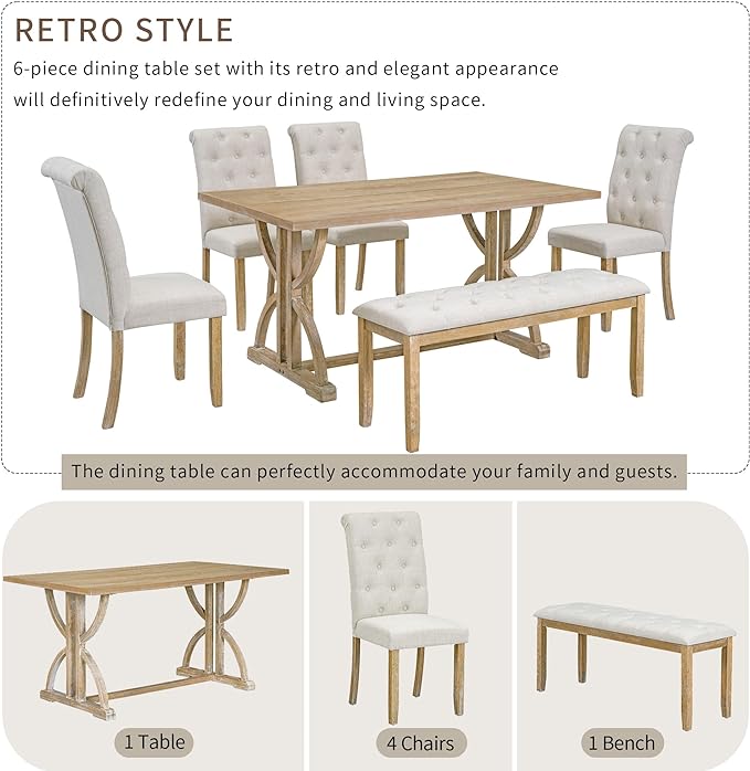 HomSof 6-Piece Retro Rectangular Dining Table Set, Table with Unique Legs and 4 Upholstered Chairs & 1 Bench for Dining Room and Kitchen, Natural Wood Wash