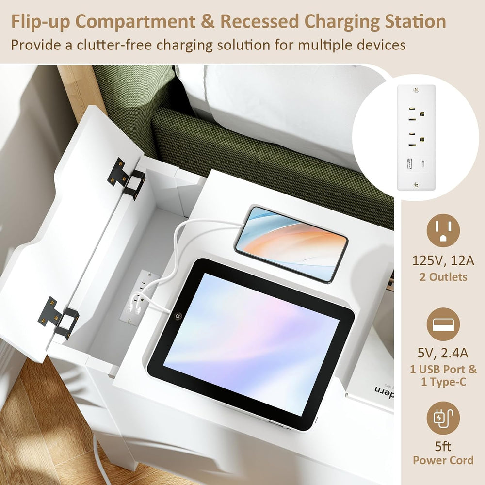 Giantex Night Stand Set 2 with Charging Station, Flip Top End Side Table w/US...