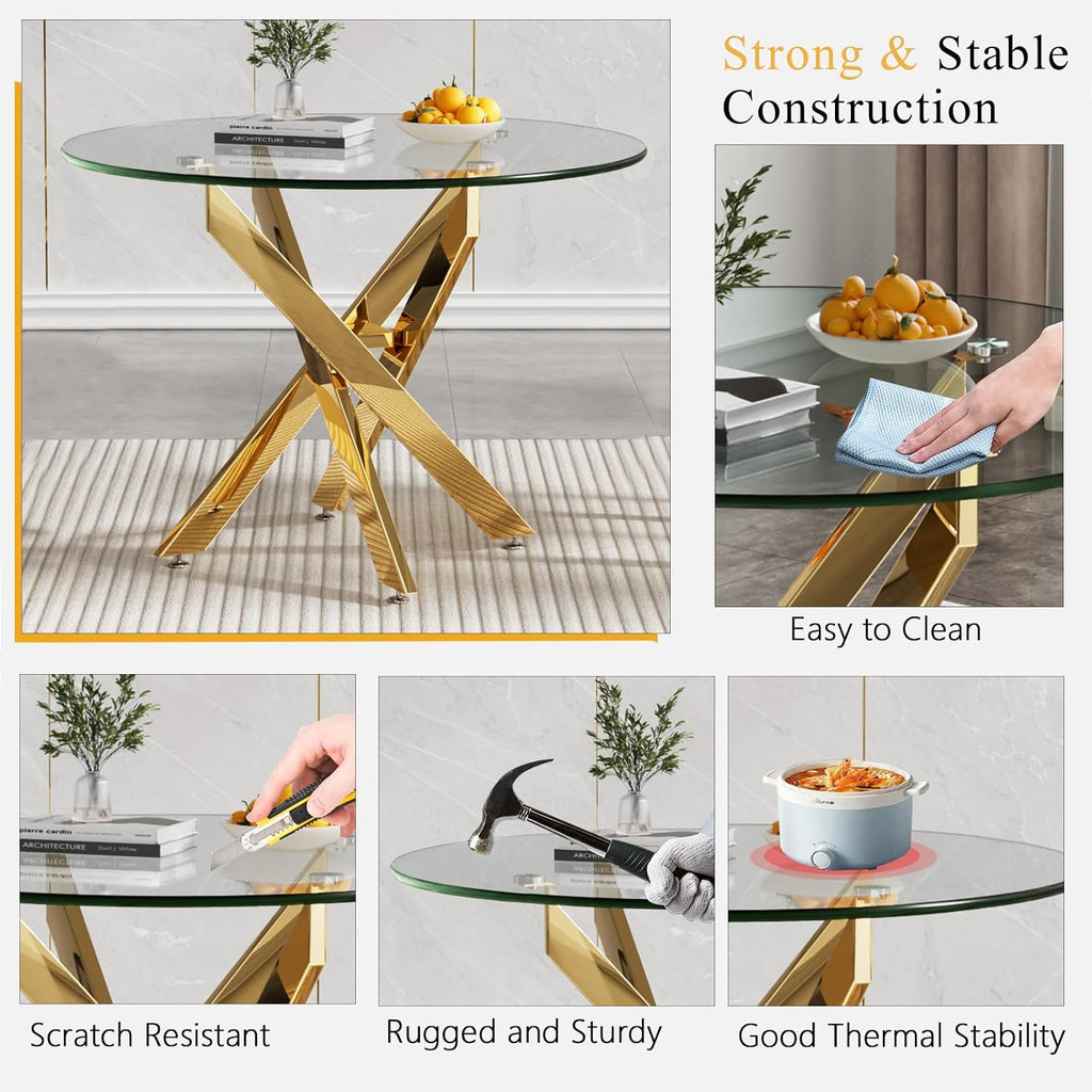 Round Glass Dining Table Set for 2, Small Kitchen Table Set for 2, 35" Round Glass Table & Gold Upholstered Velvet Chairs Set of 2, 3 Piece Round Dining Room Table Set for Breakfast Dinette Cafe