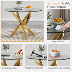 Round Glass Dining Table Set for 2, Small Kitchen Table Set for 2, 35" Round Glass Table & Gold Upholstered Velvet Chairs Set of 2, 3 Piece Round Dining Room Table Set for Breakfast Dinette Cafe