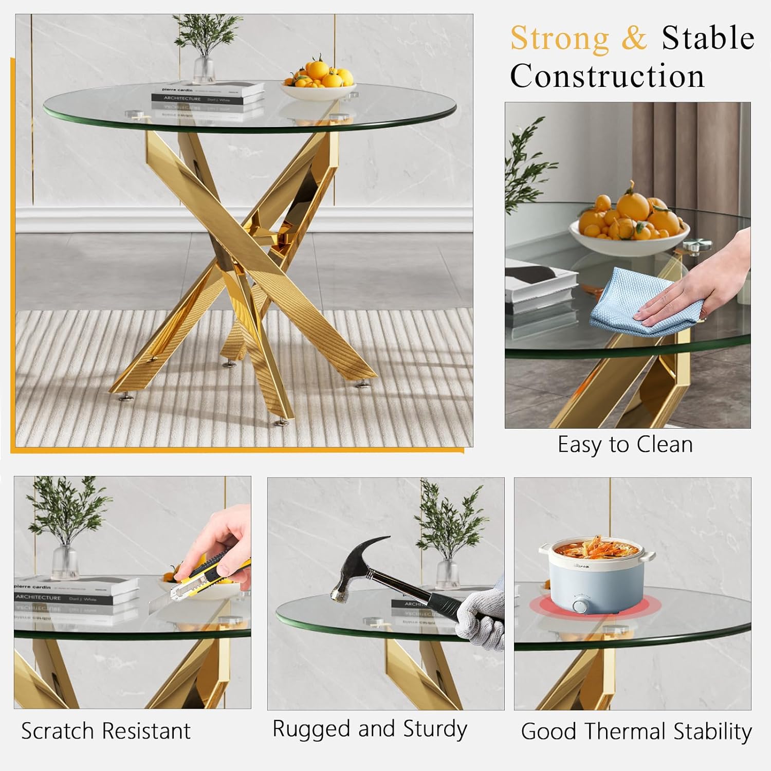 Round Glass Dining Table Set for 2, Small Kitchen Table Set for 2, 35" Round Glass Table & Gold Upholstered Velvet Chairs Set of 2, 3 Piece Round Dining Room Table Set for Breakfast Dinette Cafe