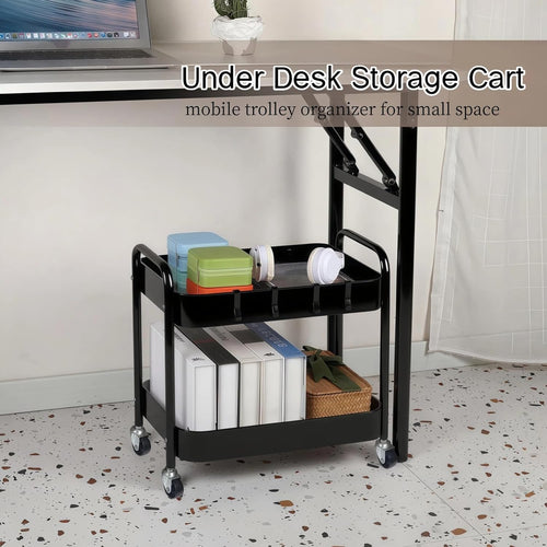 2 Tier Metal Rolling Utility Cart with Wheels Under Desk Storage Cart with Handle, Roll Around Organizer Trolley for Small Space Pantry Bathroom Home Kitchen Office Snack Baby Supplies, Black
