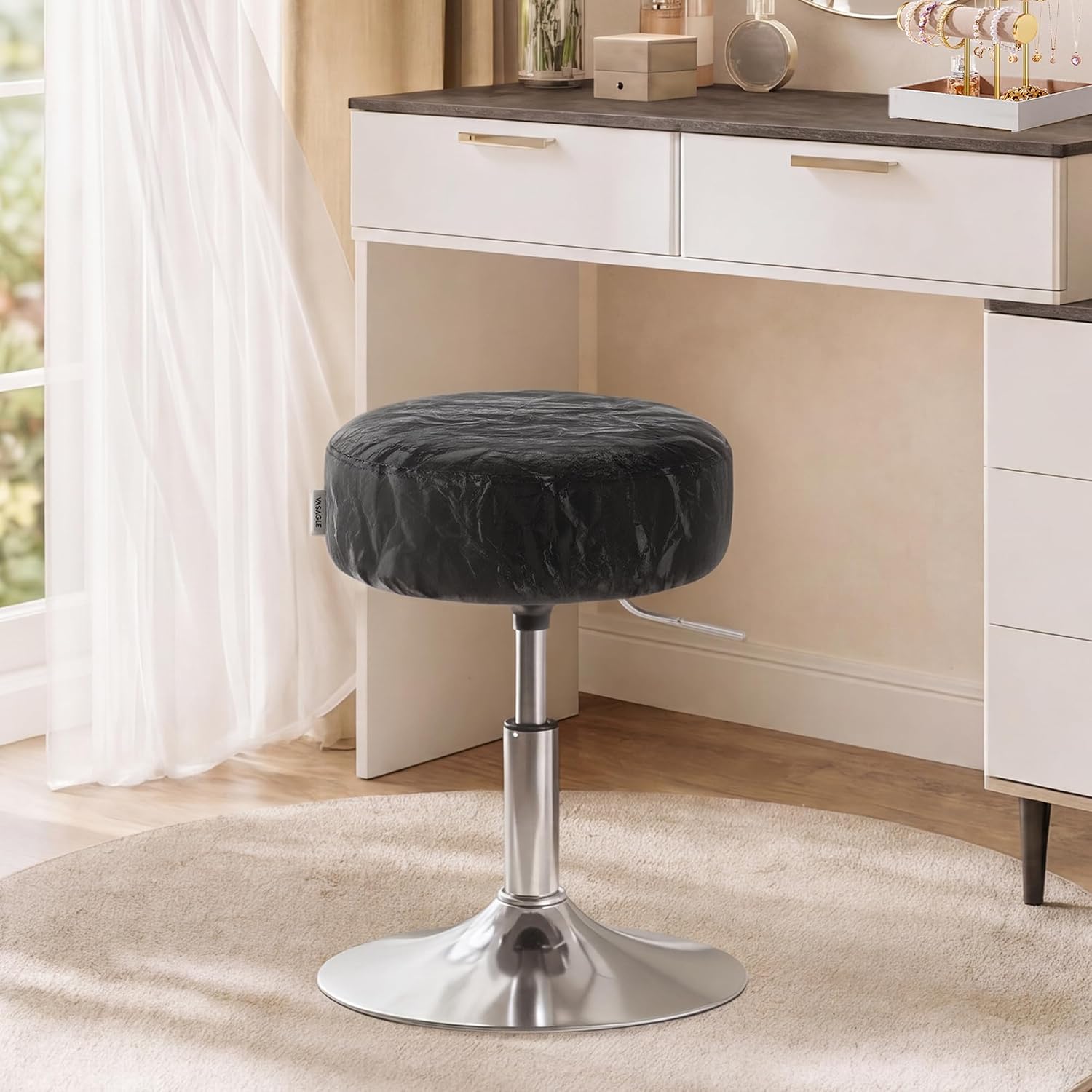 VASAGLE Adjustable Bar Stool, 360° Swivel, PU Leather, Thick Cushion, for Kitchen, Dining Room Bedroom, Modern, Ink Black