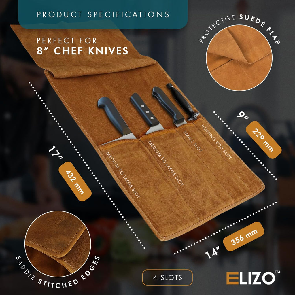 Personalized Premium Full Grain Leather Chef Knife Roll, 17L x 14W Inches Knife Storage Travel Case, Professional Custom Monogram Embossed Chef Knife Case - Holds 4 Chef Knives