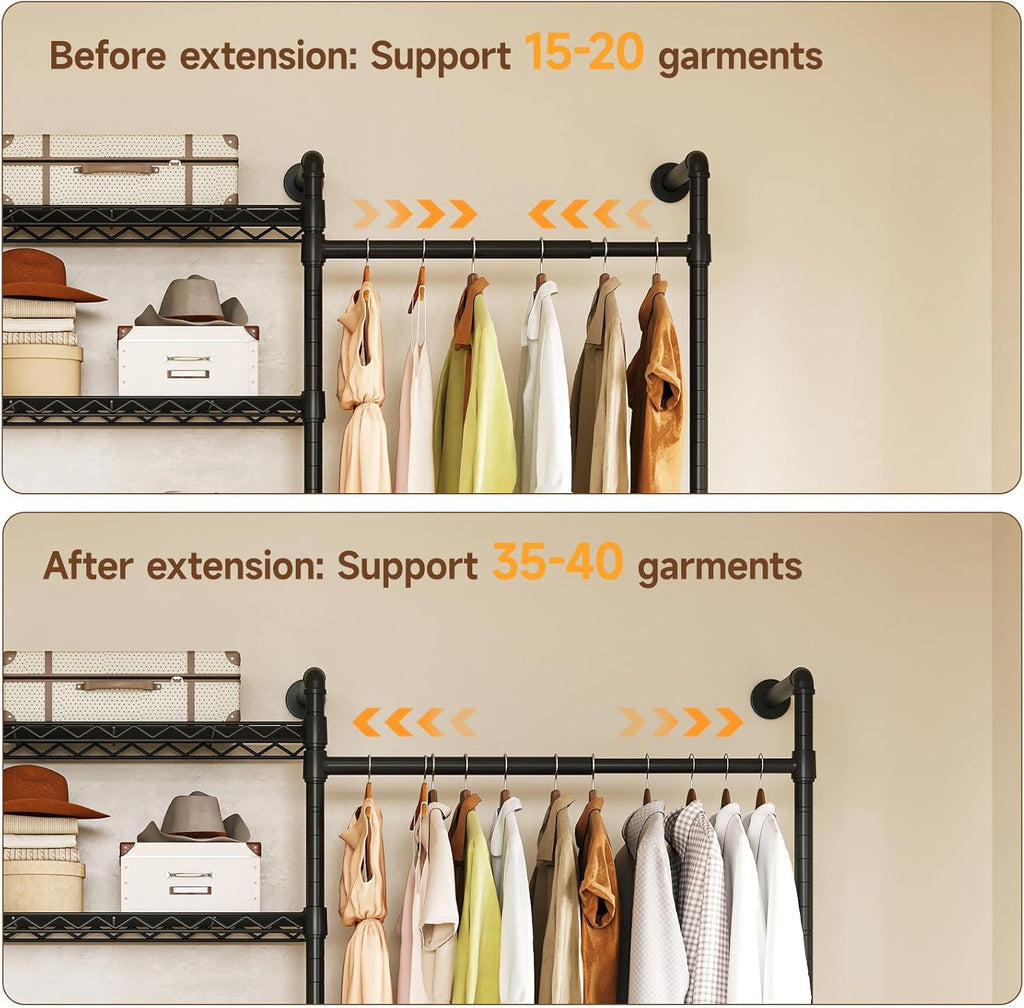 ONBRILL L4 Wall Mounted Industrial Pipe Clothing Rack, Closet Organizer System with 6 Hanging Clothes Rods ( 4 Expandable Rods) & 8 Shelves, Heavy Duty Corner Garment Rack, Large Wardrobe - Black