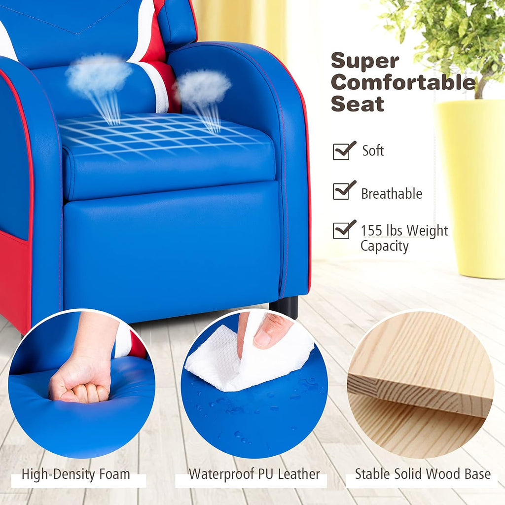 HONEY JOY Kids Recliner, Youth Gaming Reclining Chair w/Side Pocket, Ergonomic Headrest & Footrest, Upholstered Leather Lounge Chair for Boys Girls, Manual Adjustable Single Sofa Chair for Living Room