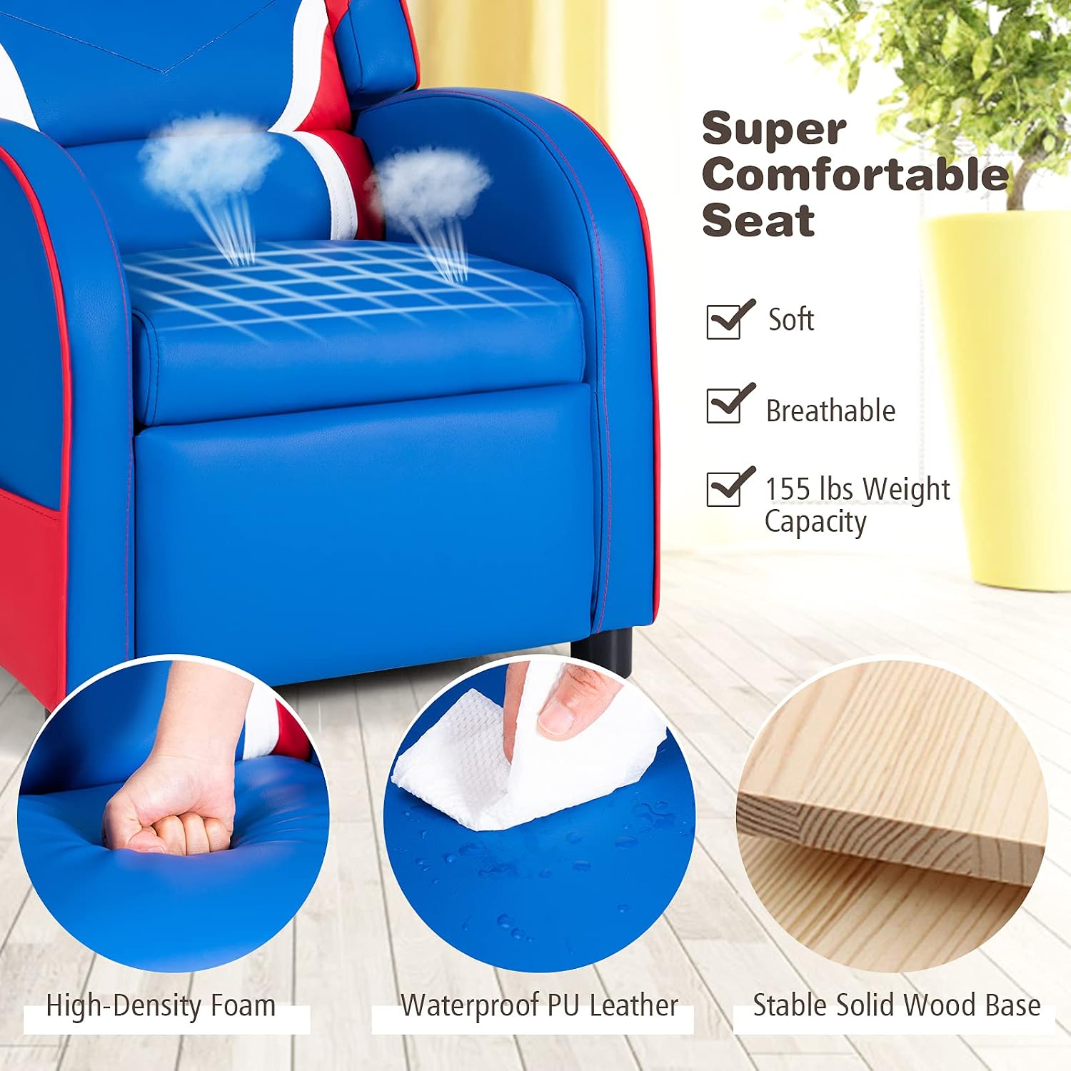 HONEY JOY Kids Recliner, Youth Gaming Reclining Chair w/Side Pocket, Ergonomic Headrest & Footrest, Upholstered Leather Lounge Chair for Boys Girls, Manual Adjustable Single Sofa Chair for Living Room
