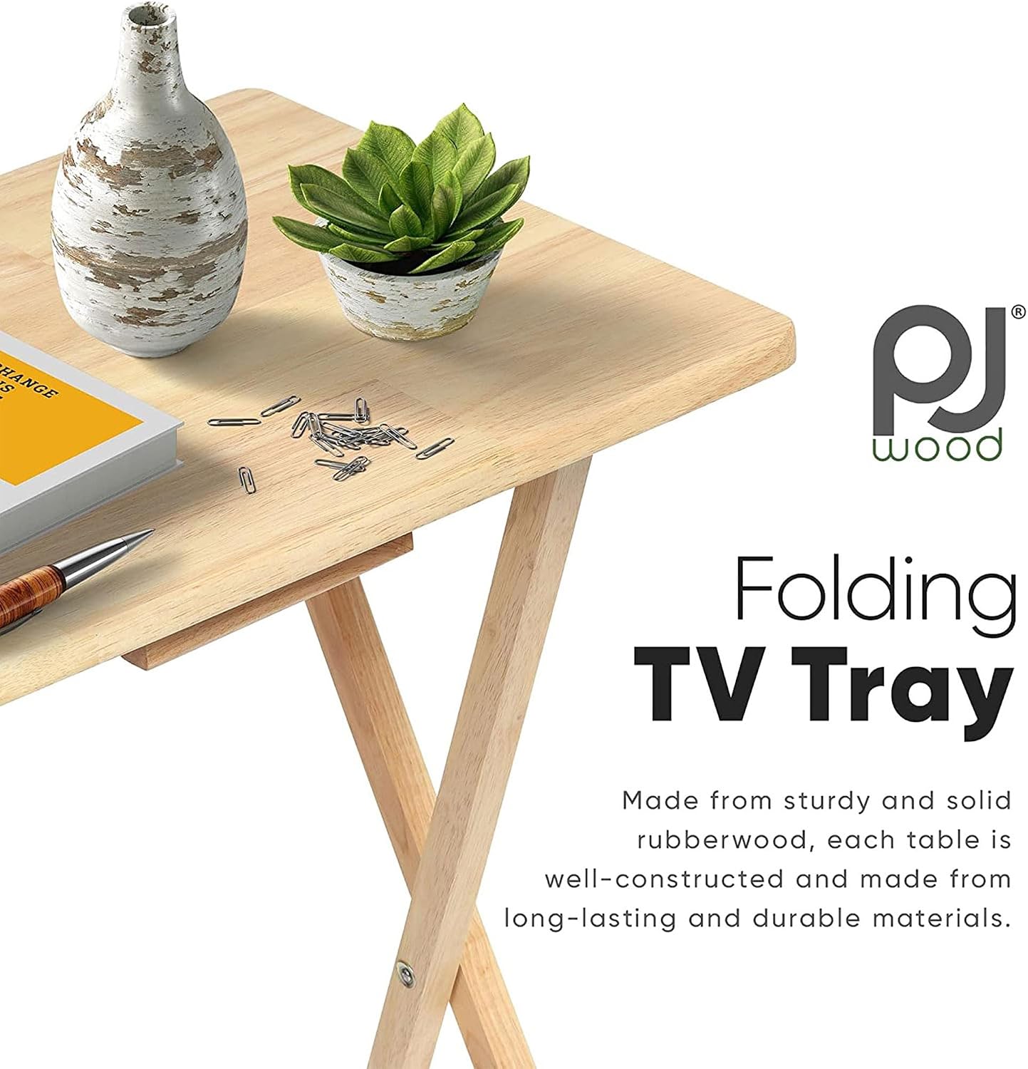 PJ Wood - Rectangular Folding TV Trays Set - Natural 6-Piece | Solid Construction, 14.57 in W x 19.09 in L x 26 in H, Compact Storage, Flat Tabletop, Modern Style