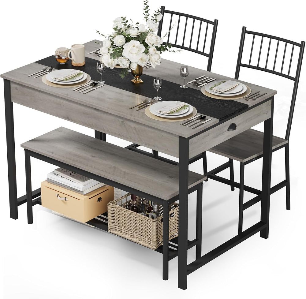 GarveeHome Dining Table Set for 4,Kitchen Table with Bench & 2 Chairs, Grey