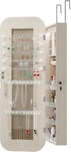 Montary Door or Wall-Mounted Jewelry Cabinet with Full-Length Mirror - Lockable Storage Organizer with Built-In LED Lighting, Hidden Jewelry Armoire for Bedroom & Closet, White