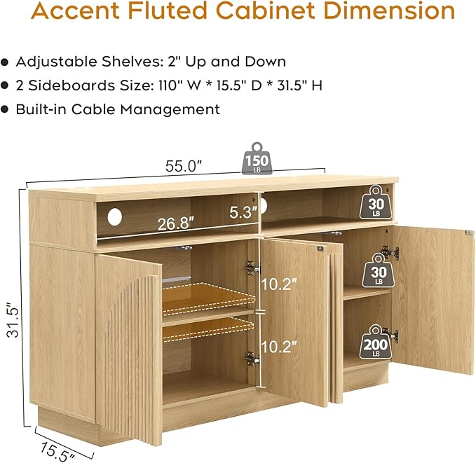 Yechen Set of 2 110" Fluted TV Stand with 8 Arched Reeded Design Doors, Modern Entertainment Center with Storage for Up to 98", Media Console, Multi-Functional TV Cabinet for Living Room, Natural Oak