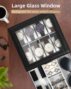 Uten 8-Slot Watch Box, 2-Layers PU Leather Watch Case with Glass Lid, Watch Holder Organizer with Soft Pillow and Velvet Lining, Watch and Jewelry Storage Box