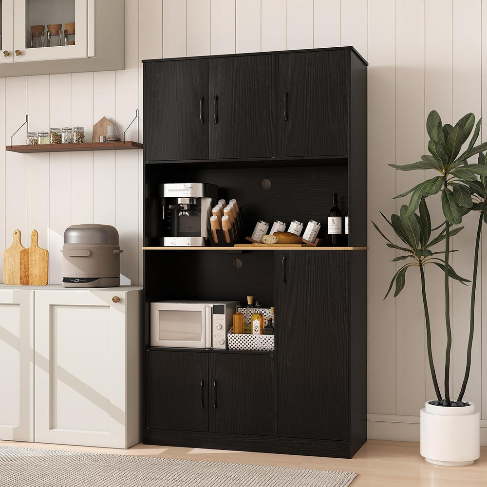 71" Large Kitchen Hutch with Power Outlet, Freestanding Pantry Cabinet w...