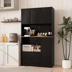 LOKO 71” Tall Kitchen Pantry Cabinet with Charging Station, Wooden Buffet Cupboard Sideboard with Microwave Stand & Doors, Modern Storage Cabinet for Dining Room, Living Room (Black)