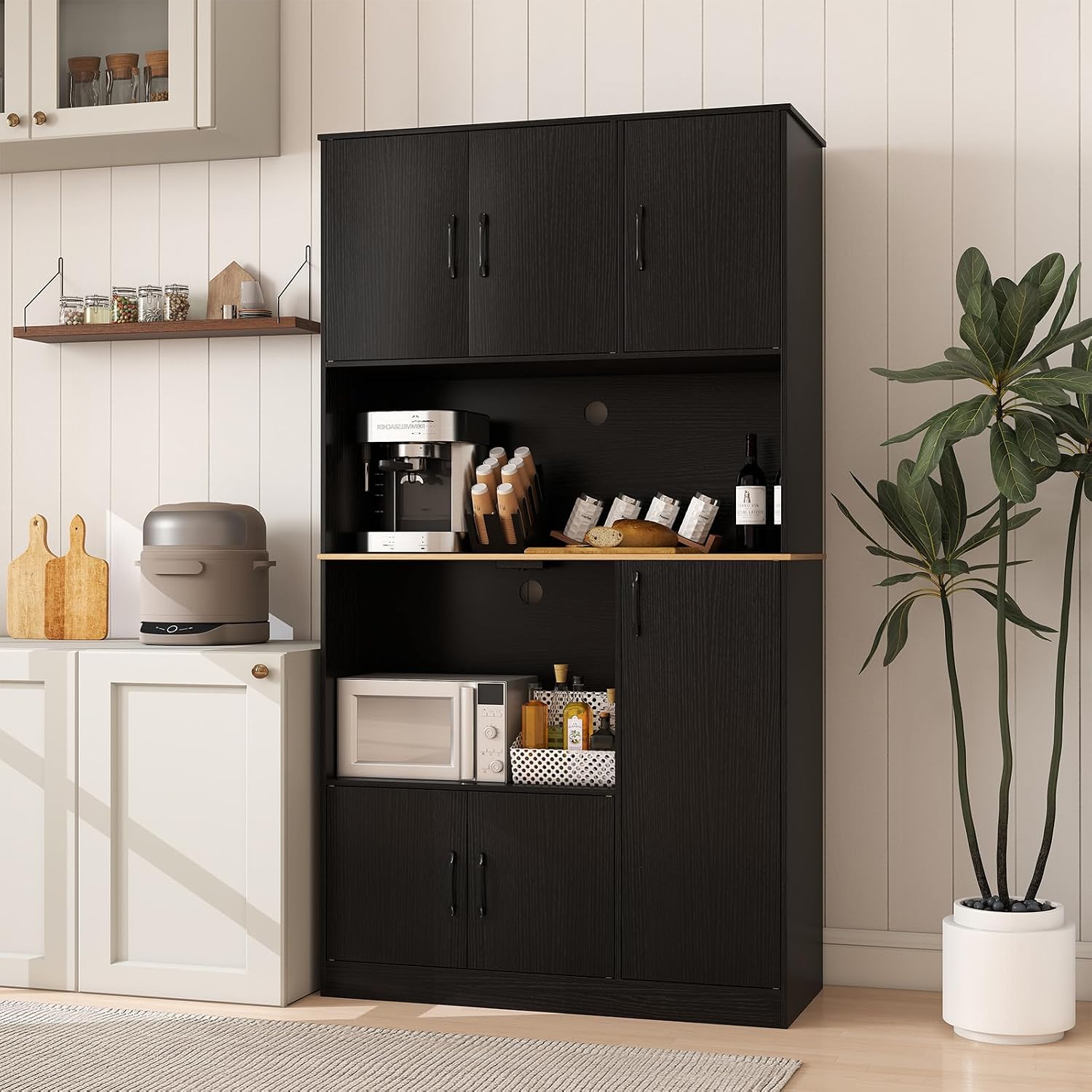 LOKO 71” Tall Kitchen Pantry Cabinet with Charging Station, Wooden Buffet Cupboard Sideboard with Microwave Stand & Doors, Modern Storage Cabinet for Dining Room, Living Room (Black)