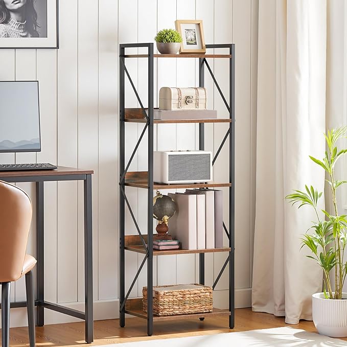 HOOBRO Bookshelf, 5-Tier Industrial Bookcase, Book Shelf Storage Organizer, T...