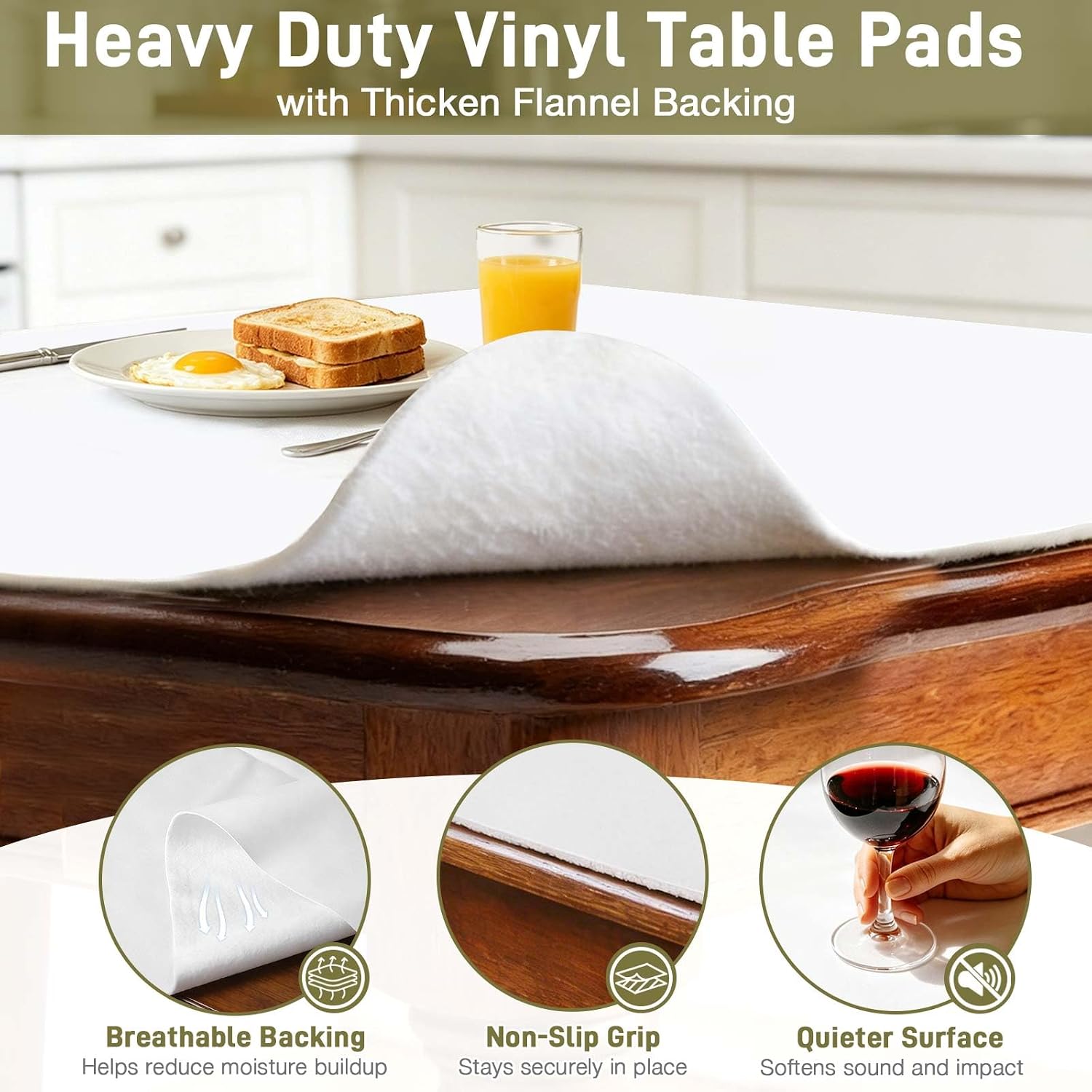 Vinyl Table Protector Pad with Flannel Backing, Heavy-Duty Table Padding for Dining Room Table, Waterproof, Heat Resistant, Non-Slip Under Tablecloth 90 x 54 inches, Rectangular