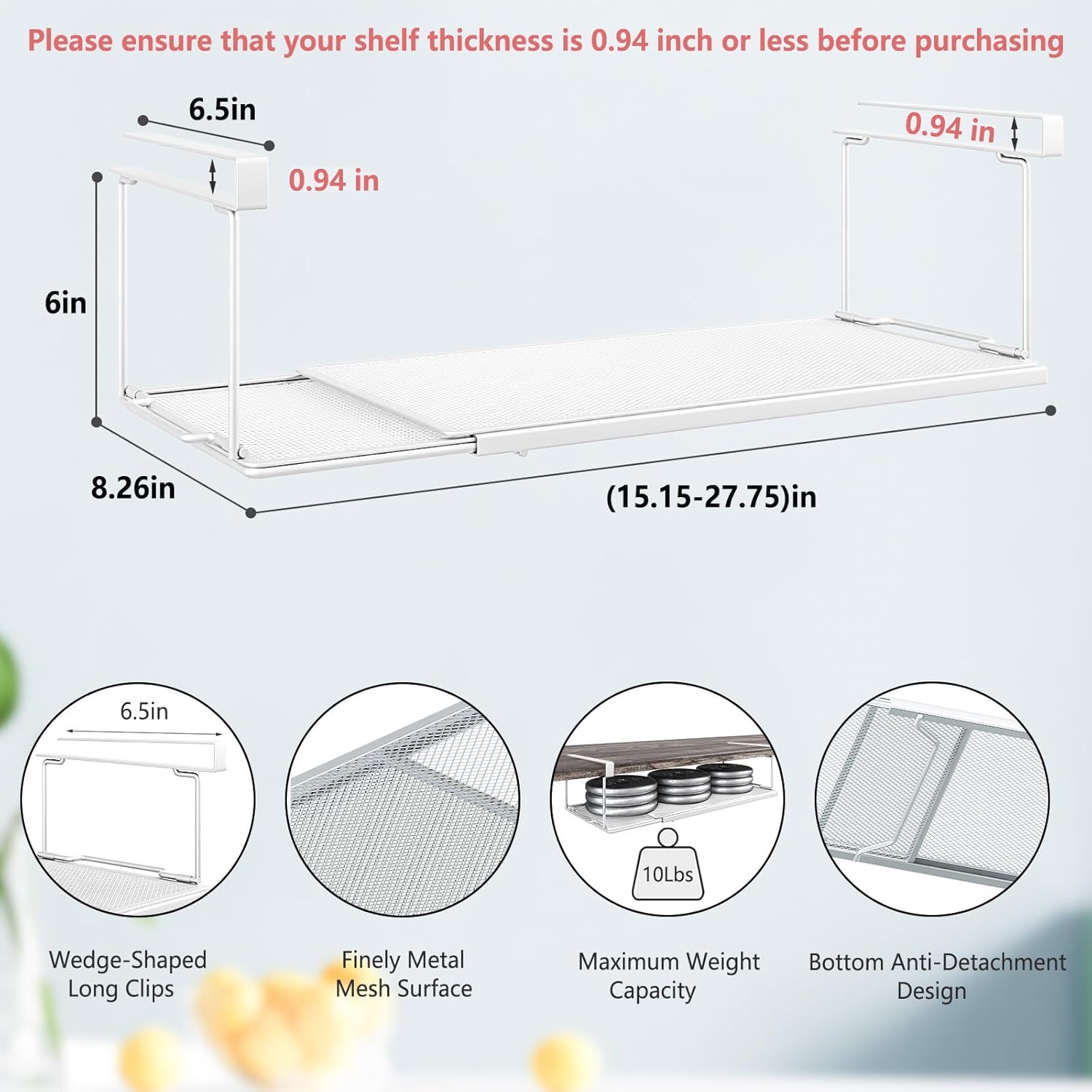 Expandable Under Cabinet Shelf, Extendable Under Shelf Storage with 0.94 Inches Thick Clips for Shoe Rack, Pantry Cabinet, Laundry Room. (White, 1 Pack, Interior: 6" H x 8.26" D)