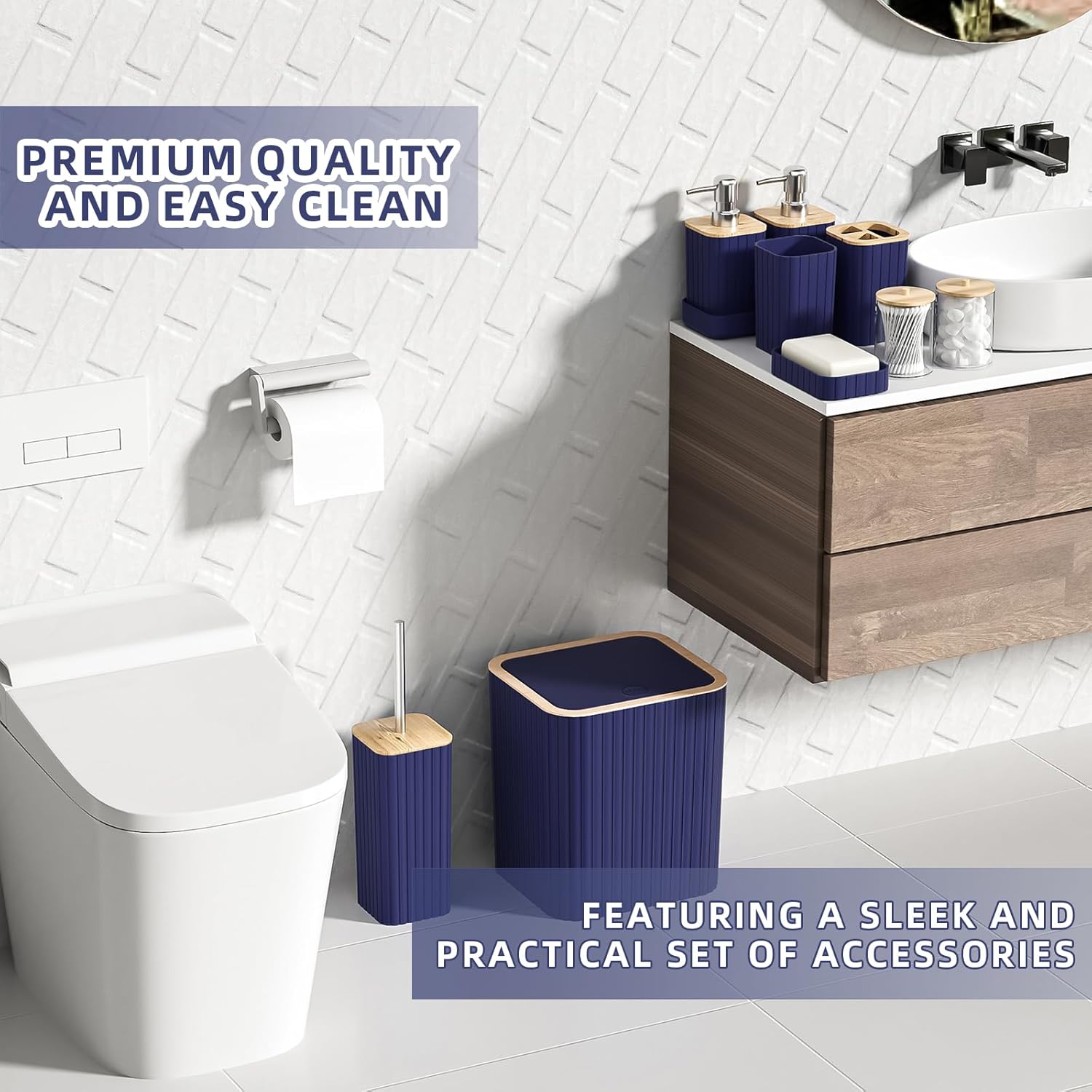 Bathroom Accessories Set - Elegant Blue Bathroom Set, 10PC Bathroom Accessory Set, Toilet Brush, Trash Can, Qtip Holder Dispenser & Soap Dispenser
