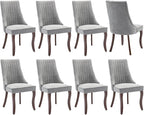 Grey Dining Chairs Set of 8，Linen Channel Tufted Kitchen Dining Room Chair with Curved Solid Wood Legs, Comfortable Fabric Upholstered Dining Chair for Dining Room, (Grey, 8pc)