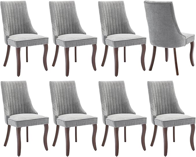 Grey Dining Chairs Set of 8，Linen Channel Tufted Kitchen Dining Room Chair with Curved Solid Wood Legs, Comfortable Fabric Upholstered Dining Chair for Dining Room, (Grey, 8pc)