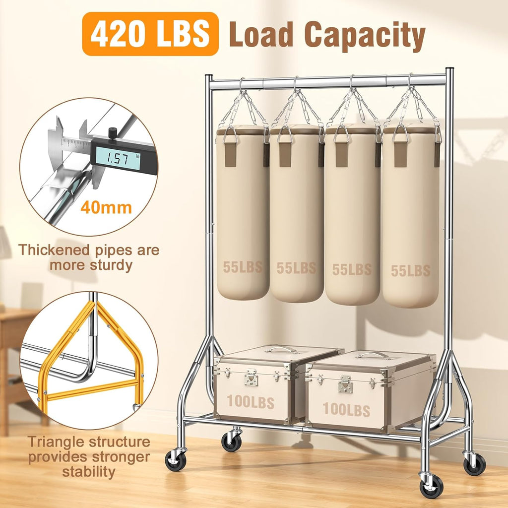 EAGMAK Heavy Duty Clothes Rack Load 420 LBS, Rolling Garment Rack with Lockable Wheels, Standing Metal Clothing Rack with Shelves, Portable Wardrobe Sturdy Coat Rack for Hanging Clothes (Silver)