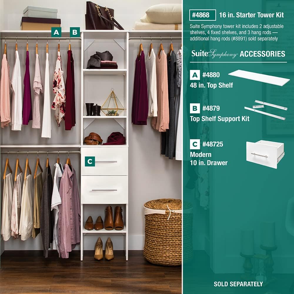 ClosetMaid SuiteSymphony Wood Closet Organizer Starter Kit with Tower and 3 Hang Rods, Shelves, Adjustable, Fits Spaces 4 – 9 ft. Wide, Pure White