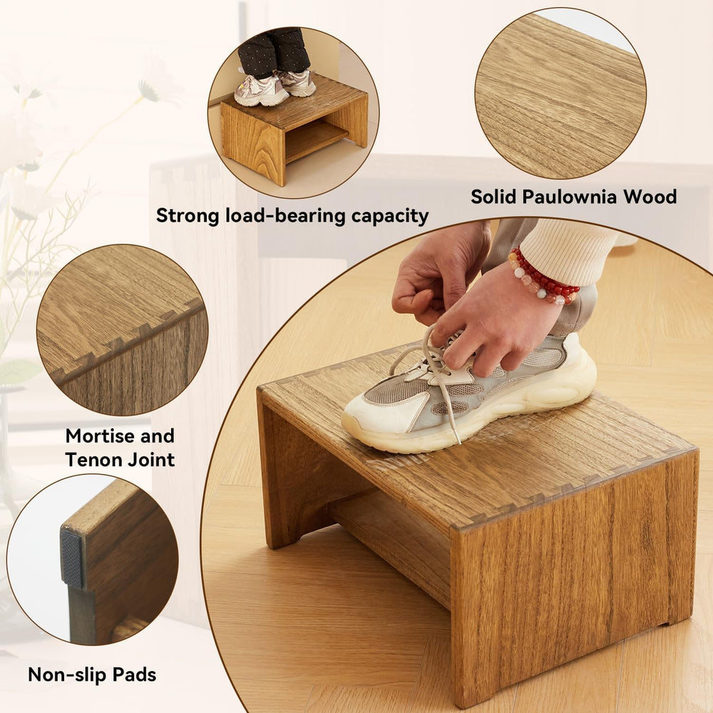 KIRIGEN Wooden Step Stool, Solid Paulownia Wood Step Stool with Anti-Slip Pad...
