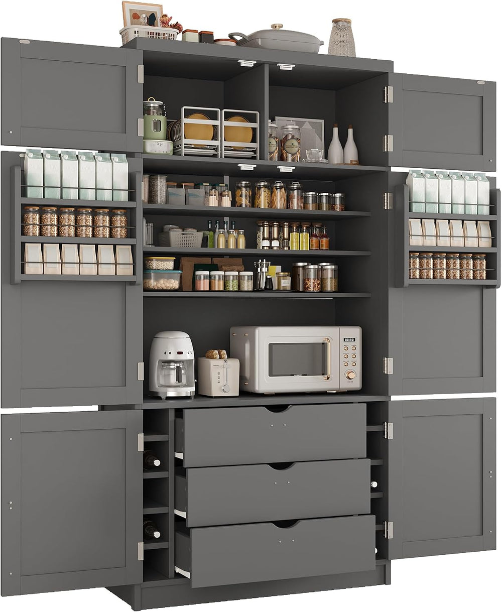 Large Kitchen Pantry Storage Cabinet, Freestanding Cupboard with 2 Power Outl...