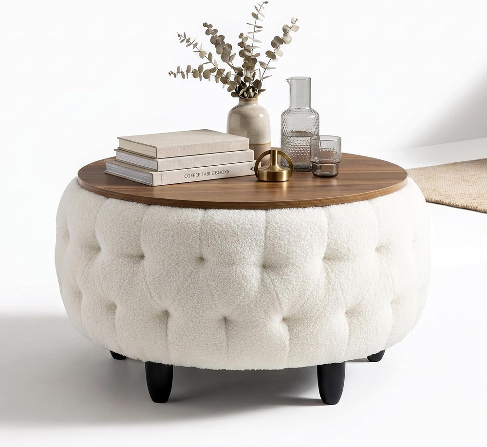 Large Round Storage Ottoman Coffee Table with Wooden Tabletop, 32 Inches Tedd...