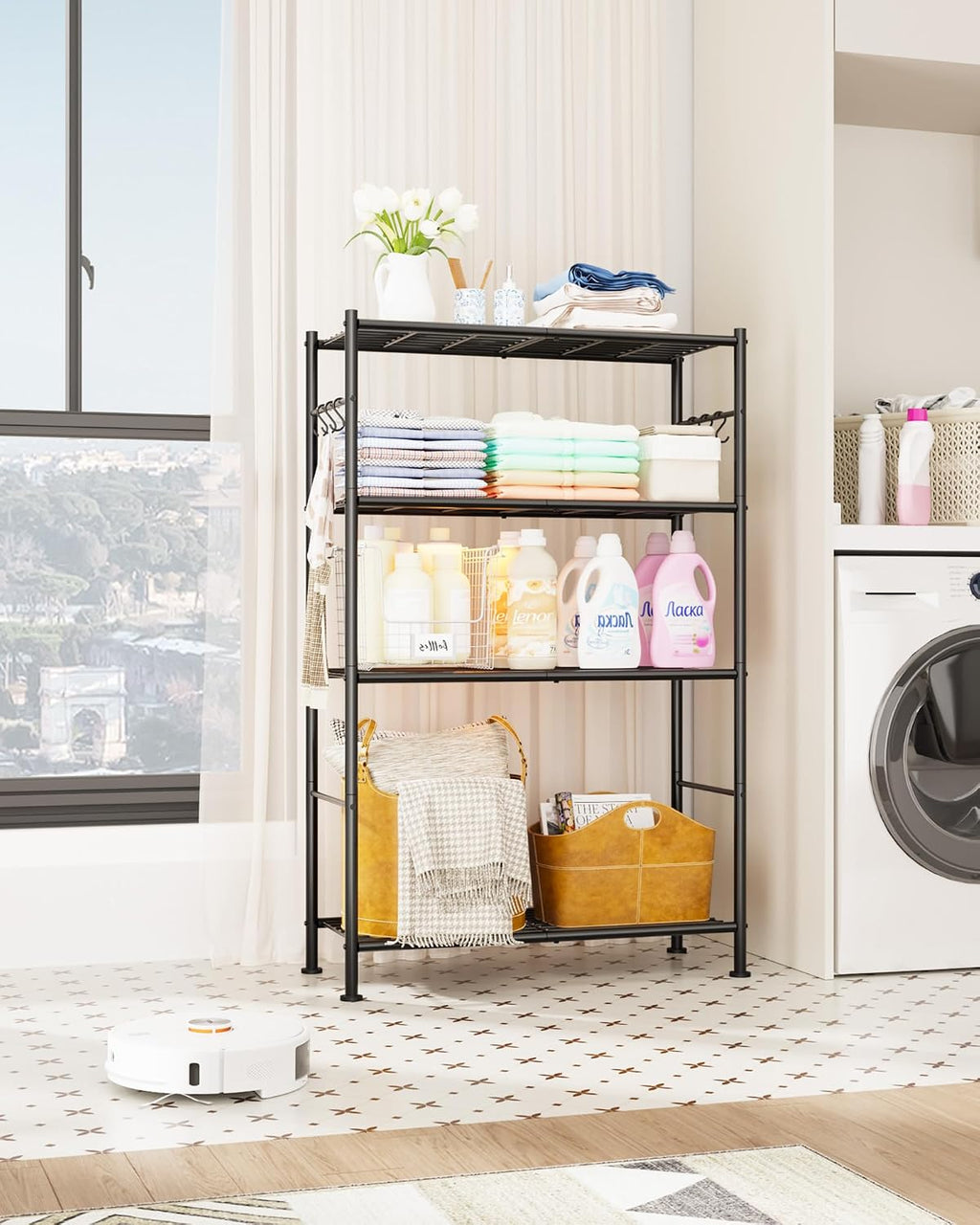 Sakugi Storage Shelves - 4-Tier Spacious Shelf Organizer with Hooks & Leveling Feet, Easy to Assemble, Rust-Resistant Garage Shelving for Kitchen, Pantry, Bedroom, 33.2" x 12.7" x 57.3", Black