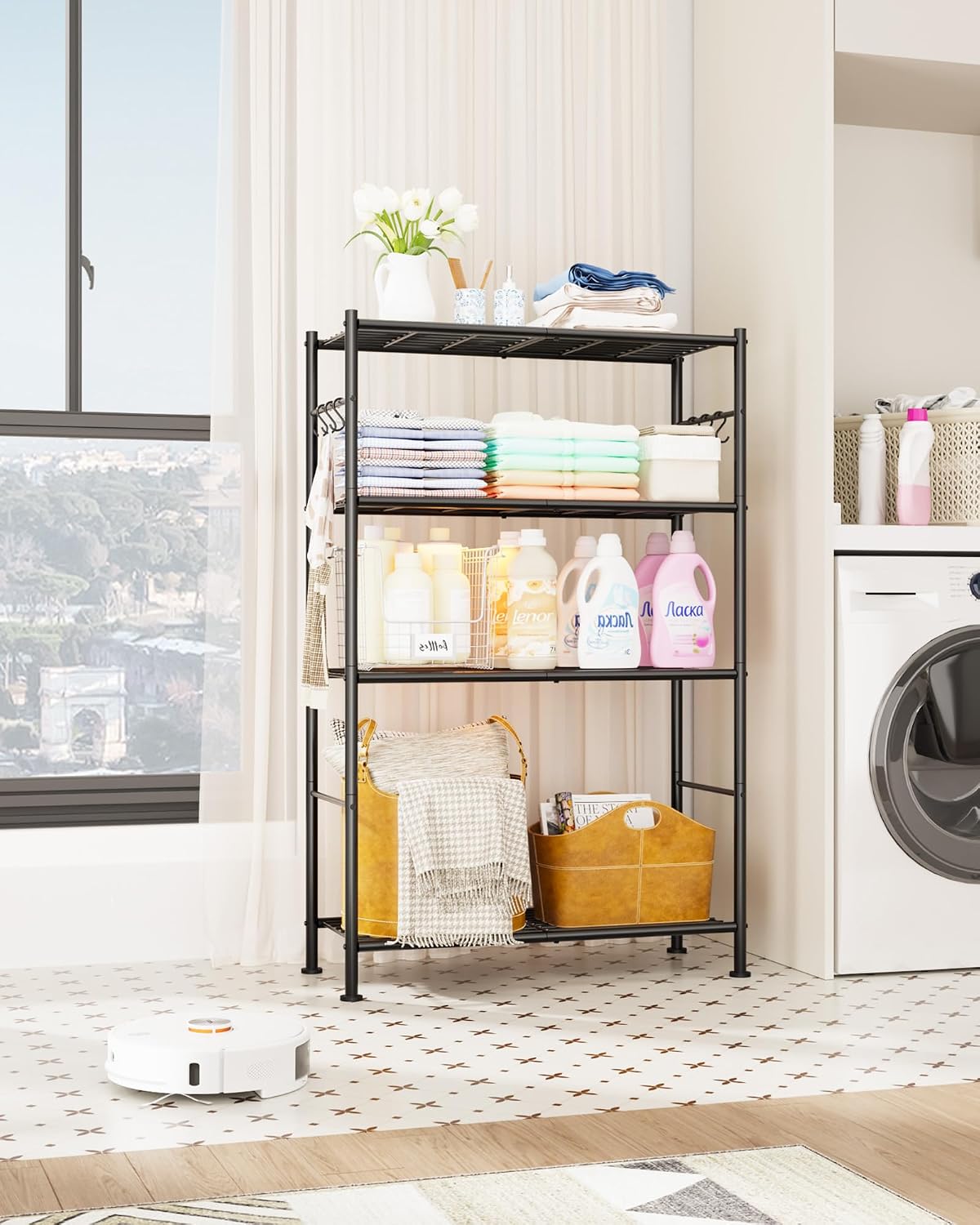 Sakugi Storage Shelves - 4-Tier Spacious Shelf Organizer with Hooks & Leveling Feet, Easy to Assemble, Rust-Resistant Garage Shelving for Kitchen, Pantry, Bedroom, 33.2" x 12.7" x 57.3", Black