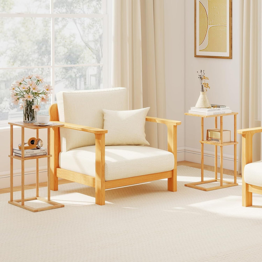 Giantex Bamboo Side Table Set of 2, 3-Tier Narrow End Table with Storage Shel...