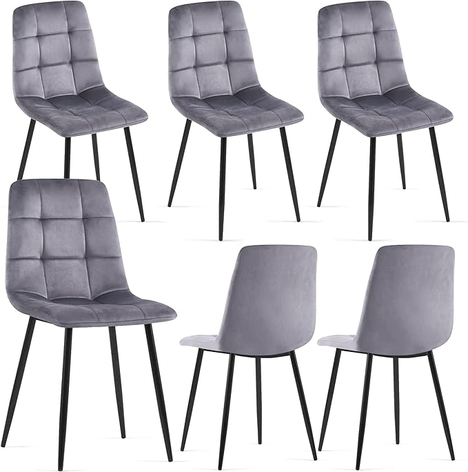 NORDICANA Grey Velvet Dining Chairs Set of 6, Upholstered Tufted Kitchen Chairs, Comfortable Seat, Metal Leg, Easy Assembly